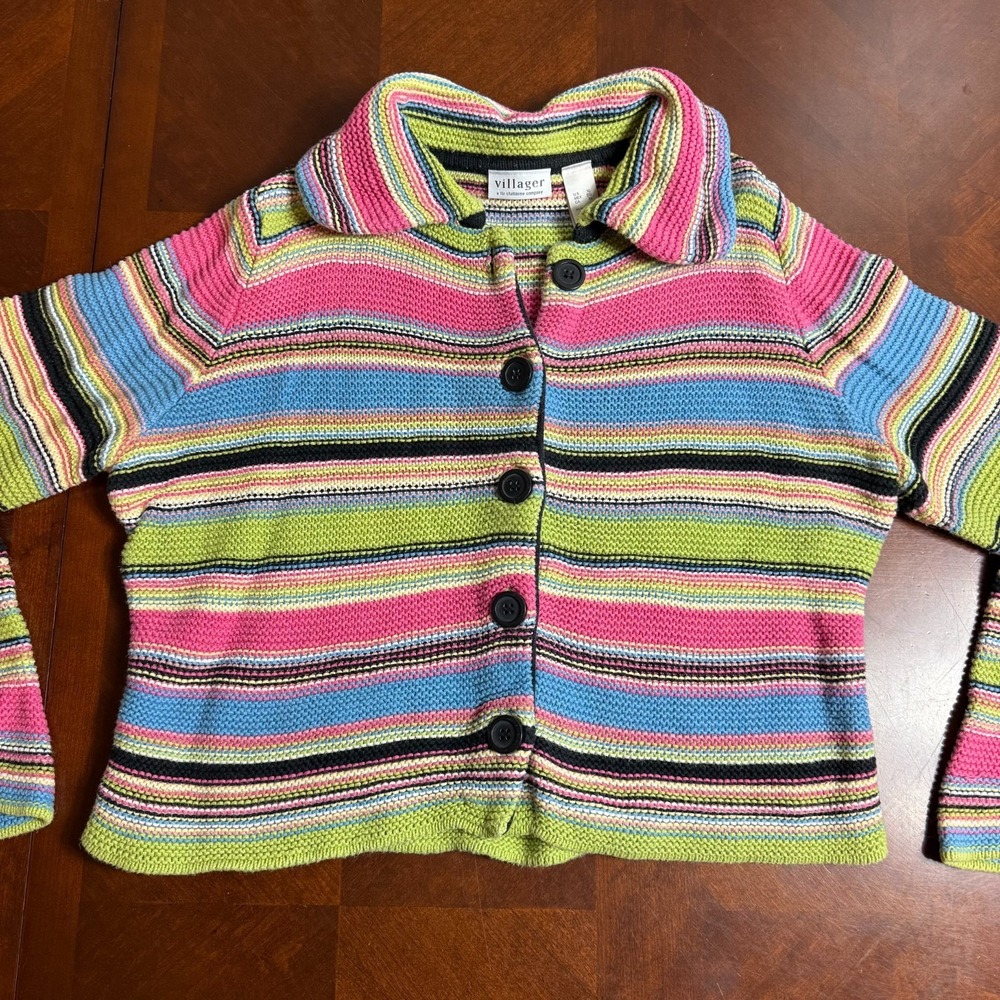VTG Villager Liz Claiborne Retro Multicolor Striped‎ Knit Button Cardigan  XL